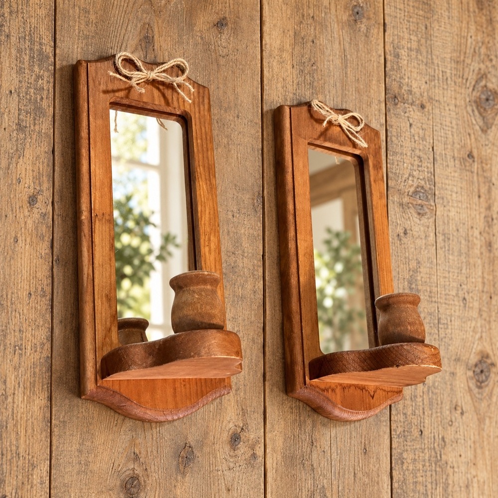 Vintage Wood Wall Sconce Pair with Mirror and Twine Bow Detail Brown Farmhouse